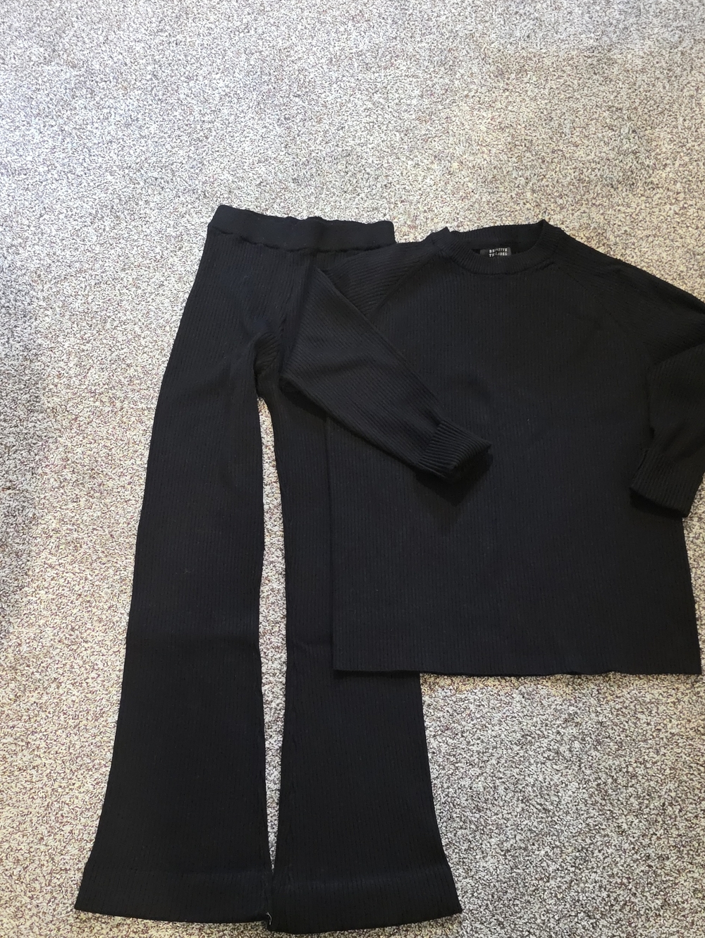 Brunette The Label Black Ribbed Knit Flare Pants & Crewneck Top Set